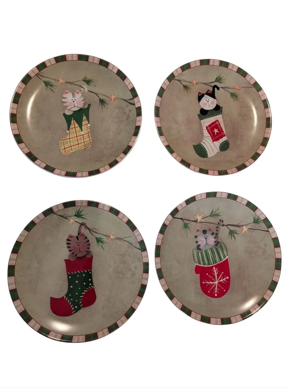 Vintage Oneida Fiddlestix Stocking Cats Stoneware Salad Dessert Plates Set of 4